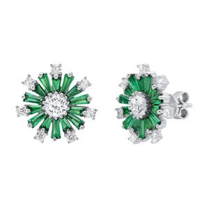 Green Baguette CZ Earrings: Sterling Silver Sunburst Martini Studs