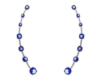 Puede incluir: Un par de pendientes de plata con piedras preciosas azules. Cada pendiente tiene siete piedras preciosas dispuestas en una línea curva.