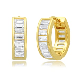Baguette CZ Huggie- Dainty Baguette CZ Vermeil Sterling Silver Wide Full Eternity Hoop Earrings-Gift For Her-Wife-Women-Mom-Bridal-Holidays