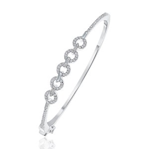 ArtDeco Vermeil Sterling Silver Clear Baguette & Clear Pave CZ Circle+Link Eternity Oval Bangle Bracelet Small Wrist Layered Stackable