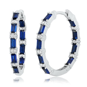 Créoles en argent sterling : cz baguette bleue, 2,5 cm