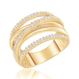 Multi Row Shiny & Pave CZ Black Rose Yellow Sterling Silver Criss Cross X High Way Band Ring- Layered 7 Row Eternity Ring 10mm 14K Vermeil