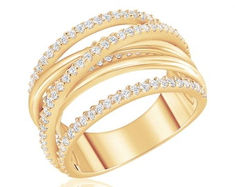 Multi Row Shiny & Pave CZ Black Rose Yellow Sterling Silver Criss Cross X High Way Band Ring- Layered 7 Row Eternity Ring 10mm 14K Vermeil