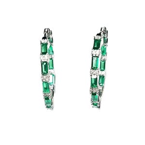 Orecchini a cerchio, 1" in argento sterling con baguette verde smeraldo e zirconi trasparenti, orecchini a cerchio con pietra portafortuna di maggio