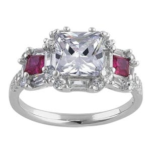 3.5Ctw 3 Stone VVS Simulated Diamond Clear & Red CZ Basket Set Sterling Silver Halo Engagement Ring Bridal-Wedding Classic