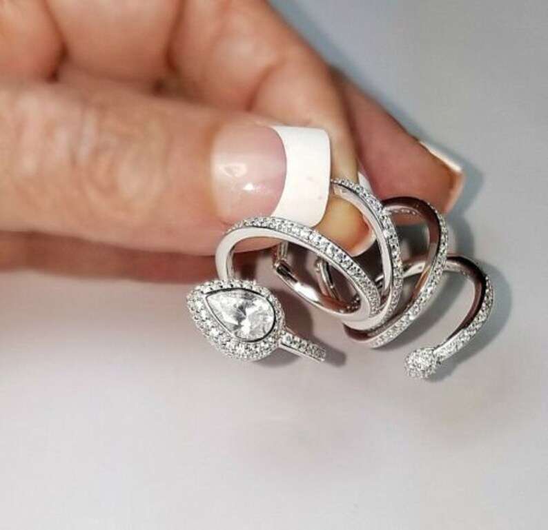 Long Ring-Elite Full Cut VVS CZ Full Finger ArtDeco Black Rose Yellow Or Sterling Silver Spiral Tear Drop Cap Hinged Halo Ring Adj