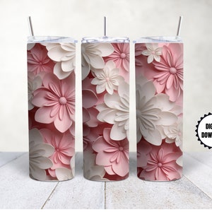Pink white Flowers Seamless 3D Tumbler Wraps, 20 oz Skinny Tumbler Wrap Sublimation 300 DPI Design PNG