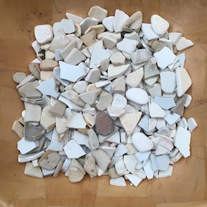 May include: A wooden bowl filled with a collection of small, white, and off-white ceramic pieces. The pieces are various shapes and sizes, some are smooth and others are rough.