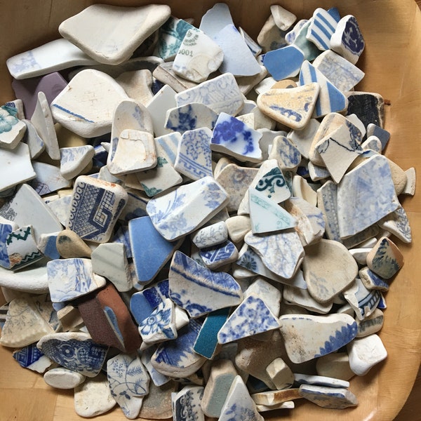 Sea Washed Pottery, Veldvondsten, Getrommeld aardewerk, Klein en middelgroot, Ambachtelijke benodigdheden, Sieraden maken, Mozaïek, Blauwe kleuring, Kunst en Ambacht