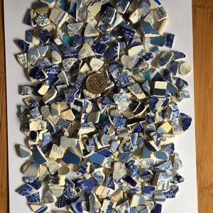 50 Pieces Field Finds, Tumbled Pottery, Small, Craft Supplies, Jewelry Making, Mosaic, Mainly Blue, Art and Craft