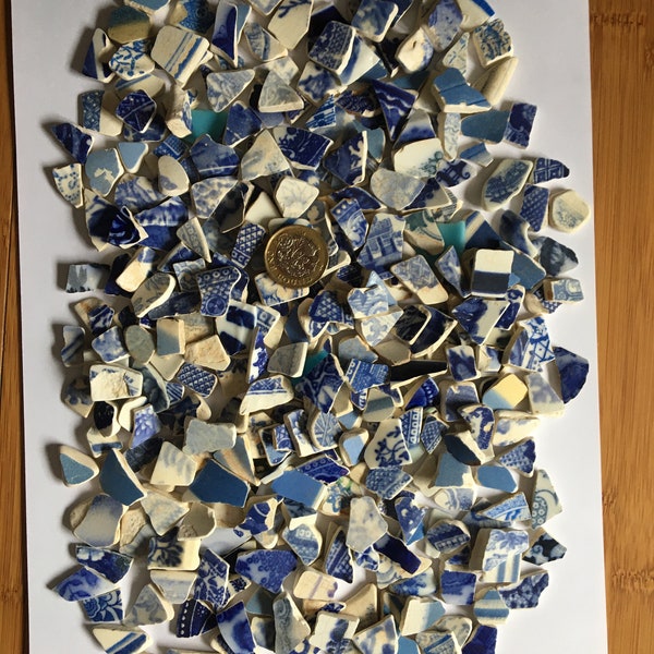 50 Pieces Sea Washed Pottery, Field Finds, Tumbled Pottery, Small, Craft Supplies, Jewelry Making, Mosaic, Mainly Blue, Art and Craft