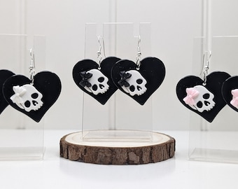 Skull Heart Earrings, Macabre Earrings, Gothic Earrings, Unusual Jewelry, Dangle Earrings, Clip on Earrings, Affordable Earrings