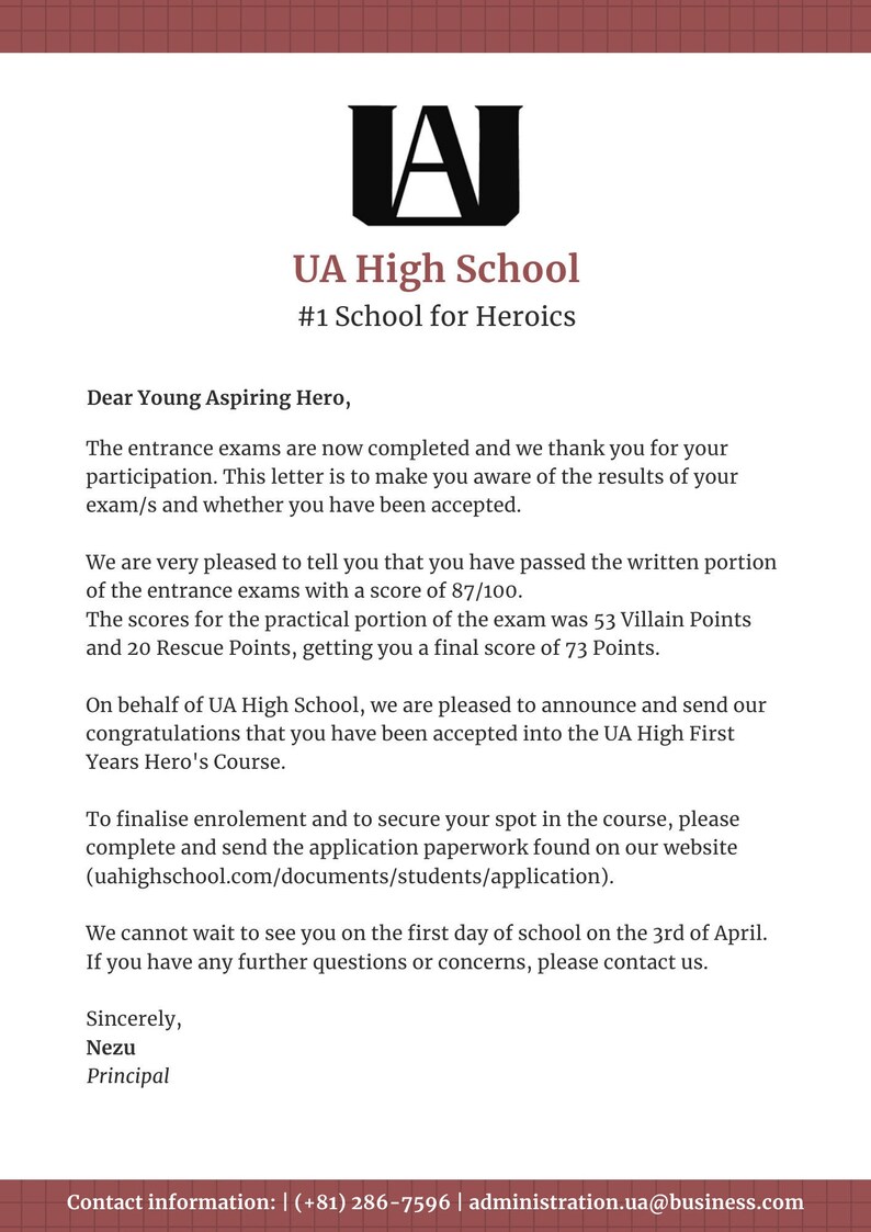 My Hero Academia UA High School Acceptance Letter Etsy