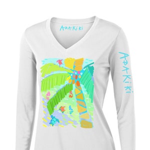 Abakiki™ Coco Palm Regatta Ladies V Neck Performance Long Sleeve Shirt Sea Turtles, Palm Trees, Sailboats