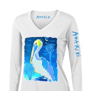 Abakiki™ Moonlight Pelican Ladies V Neck Performance Long Sleeve Shirt