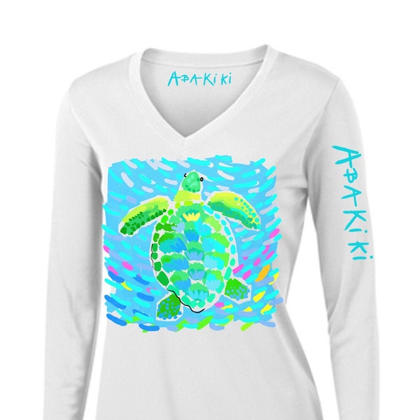 Abakiki™ Island Sea Turtle Ladies V Neck Performance Long Sleeve Shirt