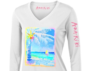 Abakiki™ Blue Island Palm Tree Ladies V Neck Performance Long Sleeve Shirt Tropical Beach Inspired Sailboat Art