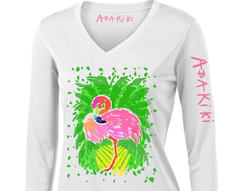 Abakiki™ Pink Flamingo Travellers Palm Ladies V Neck Performance Long Sleeve Shirt Palm Beach Style Preppy Shirt