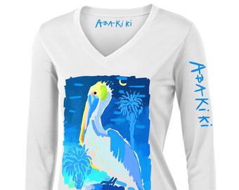 Abakiki™ Moonlight Pelican Ladies V Neck Performance Long Sleeve Shirt