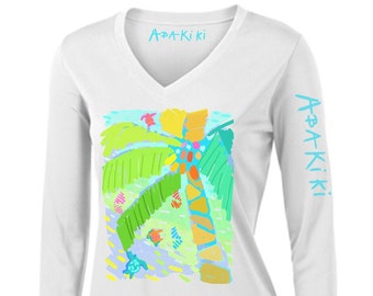 Abakiki™ Coco Palm Regatta Ladies V Neck Performance Long Sleeve Shirt Sea Turtles, Palm Trees, Sailboats