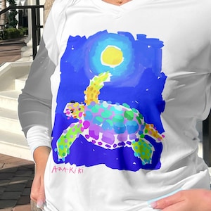 Turtle Moon by Abakiki™ Ladies V Neck Performance Long Sleeve Shirt Tropical Beach Inspired wearable Art