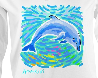 Abakiki™ Island Dolphin Ladies V Neck Performance Long Sleeve Shirt Tropical Beach Inspired wearable Art, Item: 1Q