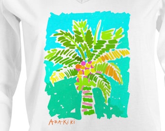 Abakiki™ Hammock View Coco Palm Ladies V Neck Performance Long Sleeve Shirt Tropical Beach Inspired wearable Art