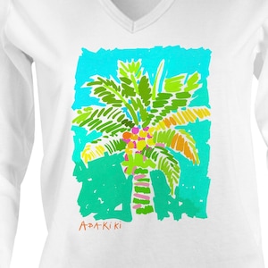 Abakiki™ Hammock View Coco Palm Ladies V Neck Performance Long Sleeve Shirt Tropical Beach Inspired wearable Art