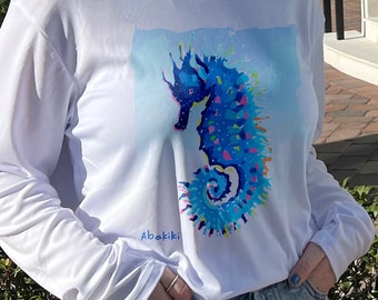 Blue Seahorse Watercolor Printed on TShirt by Abakiki™ Ladies V Neck Performance Long Sleeve Shirt, Very Comfortable Girl's Trip Shirt