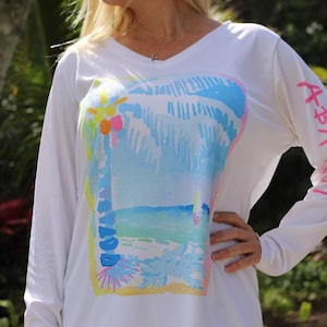 Abakiki™ Blue Island Palm Tree Ladies V Neck Performance Long Sleeve Shirt Tropical Beach Inspired Sailboat Art