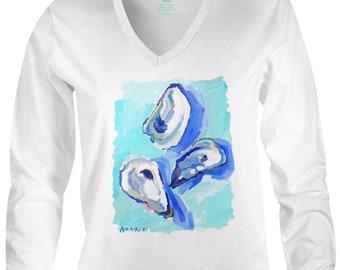 Abakiki™ Oyster Shores 2, Ladies V Neck Performance Long Sleeve Shirt Preppy Style Surf Shirt: Item #01-2