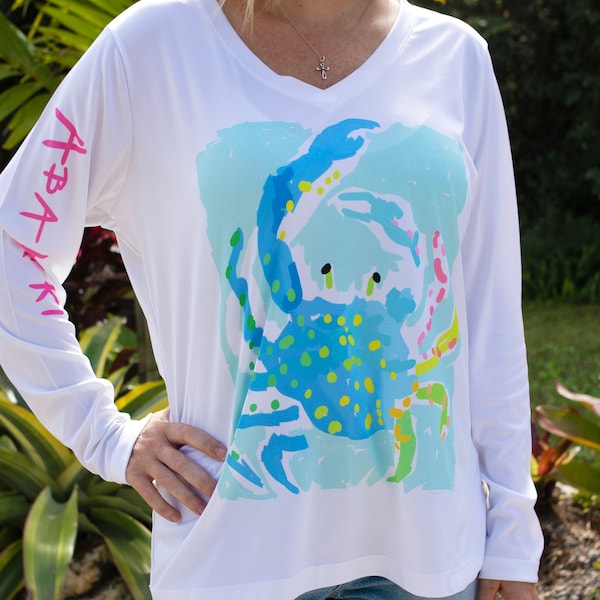 Abakiki™ Spotted Blue Crab Ladies V Neck Performance Long Sleeve Shirt Palm Beach Style Surf Shirt