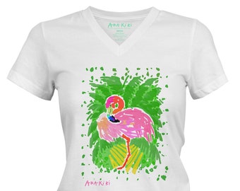Abakiki™ Pink Flamingo Travellers Palm Ladies V Neck Performance Short Sleeve Shirt Palm Beach Style Preppy Shirt