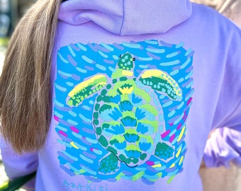 Island Sea Turtle Hoodie in Lavender by Abakiki™, Silk Screened 50/50 Cotton/Poly Hooded Sweatshirt with Front Pouch, Preppy Sweatshirt