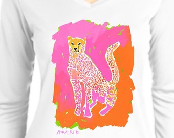 Preppy Cheetah by Abakiki™ Ladies V Neck Performance Long Sleeve Shirt Tropical Beach Inspired wearable Art