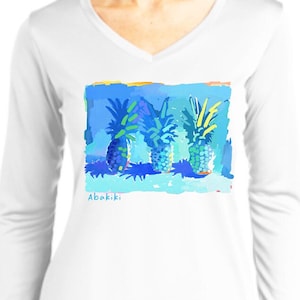 Three Blue Pineapples by Abakiki™ Performance Long Sleeve Shirt, Comfortable Girls Trip TShirt, Beach Cover Up Sun Protection