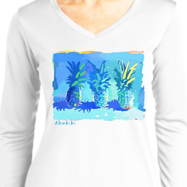 Three Blue Pineapples by Abakiki™ Performance Long Sleeve Shirt, Comfortable Girls Trip TShirt, Beach Cover Up Sun Protection