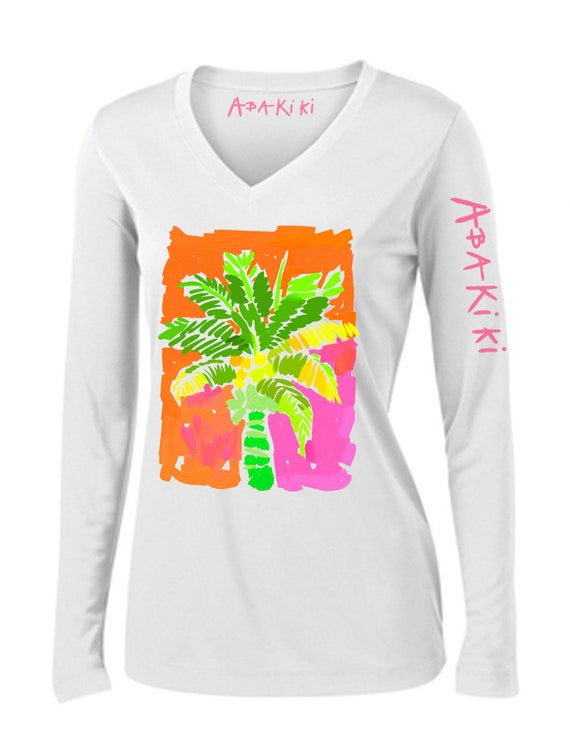 Abakiki™ Pink and Green Coconut Palm Ladies V Neck Performance Long Sleeve Shirt Palm Beach Style Preppy Shirt