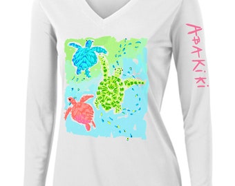 Abakiki™ Sunny Cay Turtles Ladies V Neck Performance Long Sleeve Shirt Preppy Style Surf Shirt