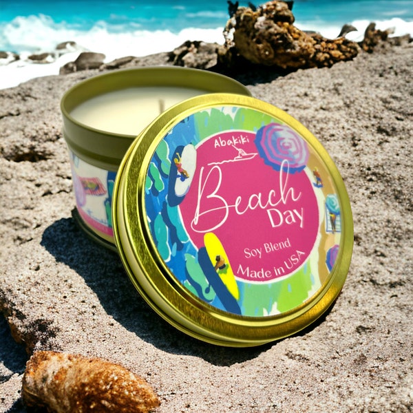 Beach Day Candle Smells Good and Amazing Soy Blend Home Fragrance for Gift and Travel by Abakiki Featuring Kelly Tracht Art Beach Design