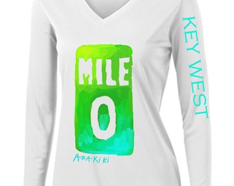 Abakiki™ Mile Marker Zero Key West Ladies V Neck Performance Long Sleeve Shirt Tropical Beach Inspired Sailboat Art