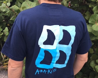 Abakiki™ Bahama Blue Fins Navy Hand Screen Printed 100% PreShrunk Cotton T Shirt, Preppy Nautical Shirt, Shark Fin Shirt, #MCSS139N