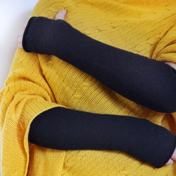 Gants longs sans doigts en cachemire noir, mitaines chauffe-bras. Tricot rond, sans couture, très doux. Meilleur cadeau