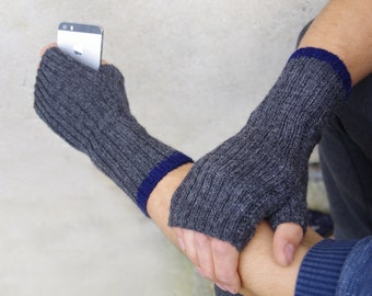 Heated fingerless gloves for men size best gift. Alpaca wool arm warmers. Dark gray black. S-XXL sizes. Perfect strong warm.