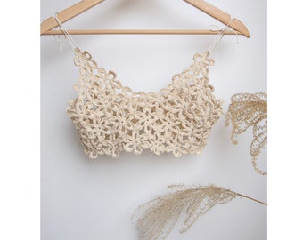 Top de crochet de lino, bralette floral, crop top tejido a mano, accesorio de ropa de crochet de verano. Más colores disponibles