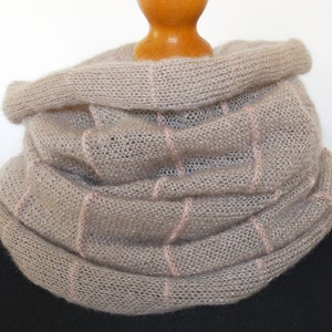 Neck warmer wool knit snood tube cowl beige mohair. Airy light warm big. Protects neck, face, head as hood. Best gift image 2