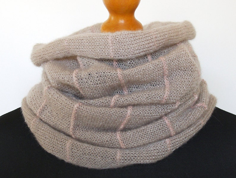 Neck warmer wool knit snood tube cowl beige mohair. Airy light warm big. Protects neck, face, head as hood. Best gift image 2