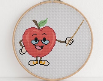 Apple For Teacher Cross Stitch Pattern Funny Cute Student Gift Design 12 Colors