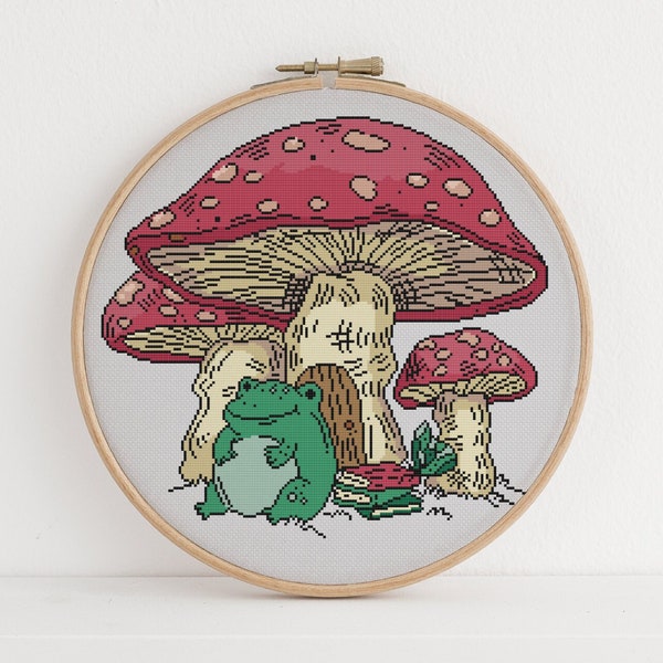 Mushroom Home For Toad Cross Stitch Pattern Cute Cottagecore Design 14 Colors