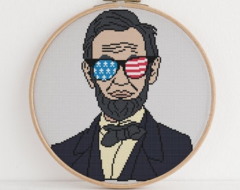 Abe Lincoln Cross Stitch Pattern Patriotic American Flag Sunglasses Design 9 Colors